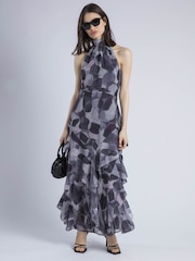 Religion Animal Taylor Halterneck Maxi Dress In Grey & Lilac Leopard Spot Print - Image 1 of 5