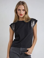 Religion Black Just Rose Embellished Sleeve T-Shirt - Image 1 of 6