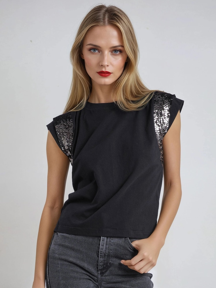 Religion Black Just Rose Embellished Sleeve T-Shirt - Image 1 of 6