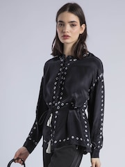 Religion Black Lola Long Line Shirt With Tie Waist In Monochrome Tie Dye - Image 1 of 6