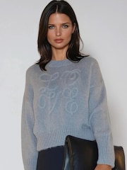 Religion Grey Lucy Love Jumper In Soft Loose Knit With Love Embroidered Slogan - Image 1 of 6