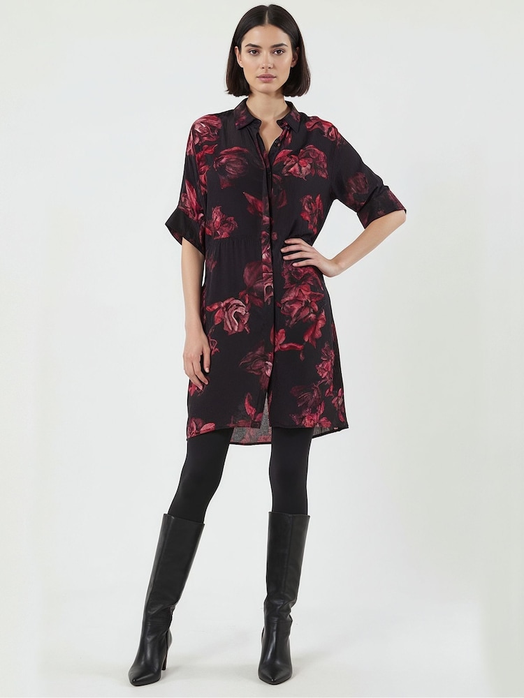 Religion Red Lola Oversized Tunic Dress With Tie Waist In Dark Floral Print - Image 1 of 5