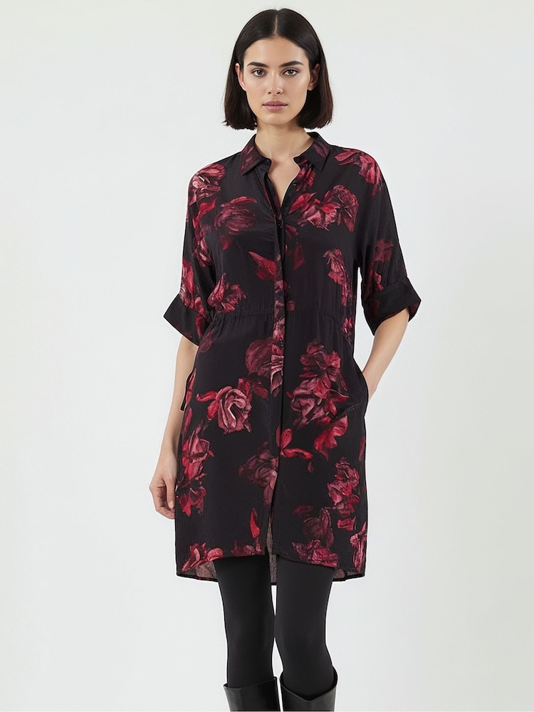 Religion Red Lola Oversized Tunic Dress With Tie Waist In Dark Floral Print - Image 2 of 5