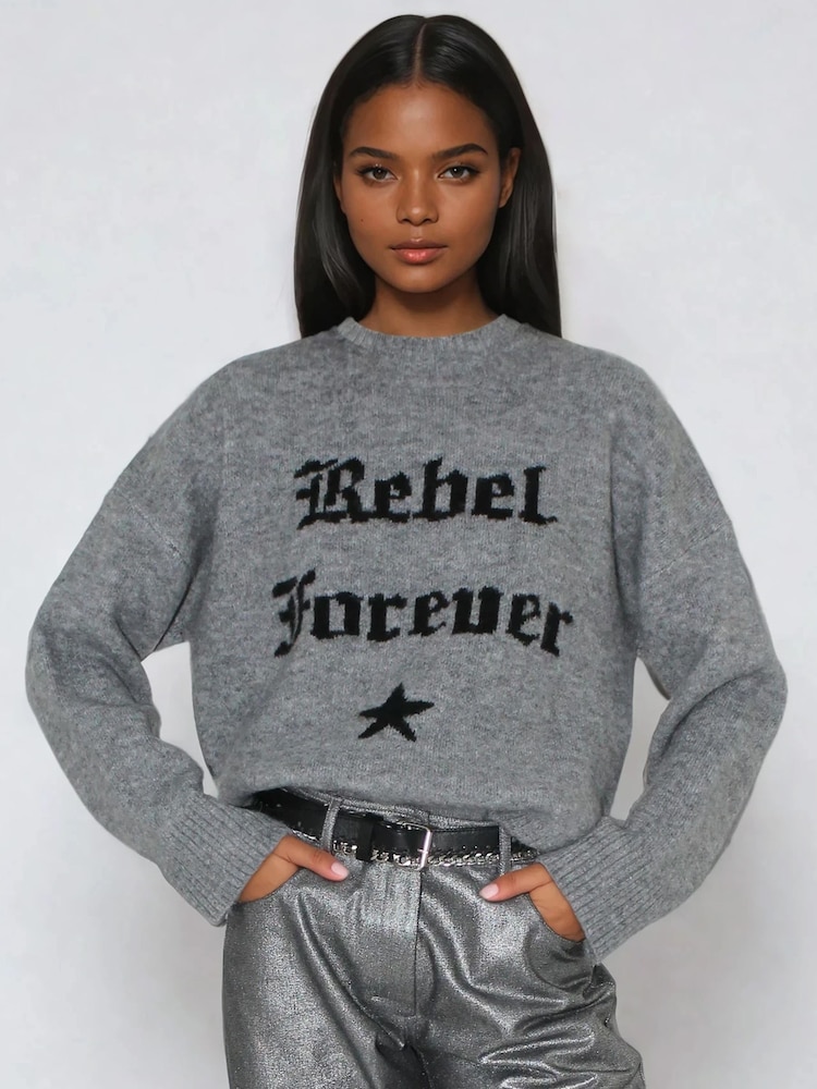 Religion Grey Rebel Forever Crew neck Slogan Jumper in Soft Yarn - Image 1 of 5
