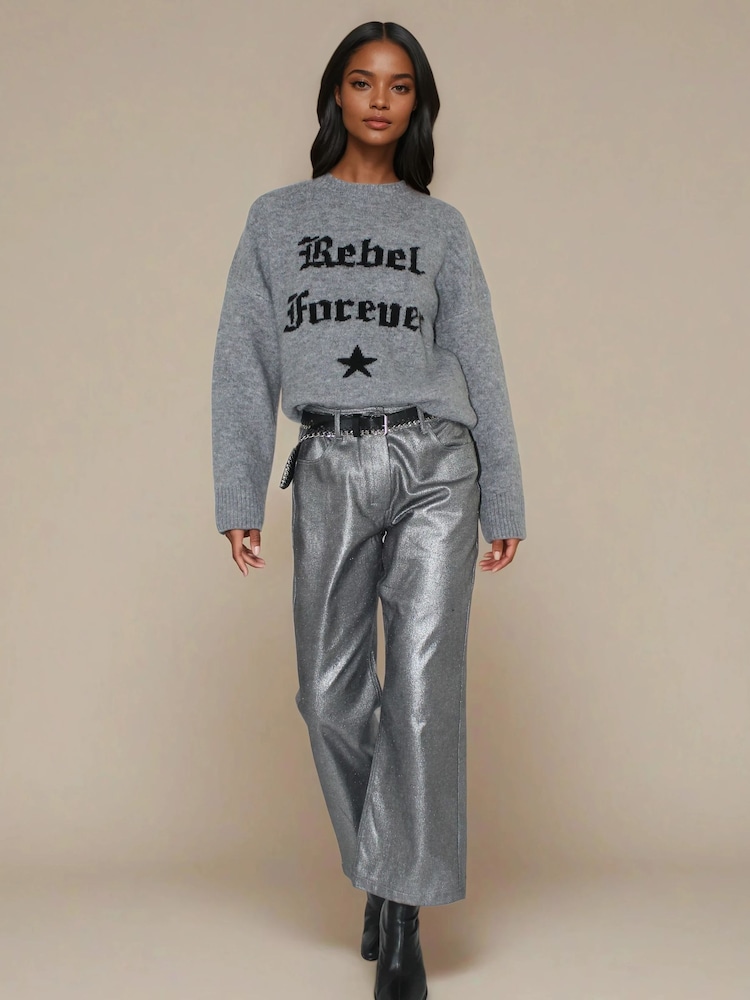 Religion Grey Rebel Forever Crew neck Slogan Jumper in Soft Yarn - Image 2 of 5 Religion Grey Rebel Forever Crew neck Slogan Jumper in Soft Yarn - Image 2 of 5