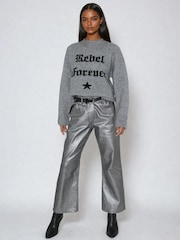 Religion Grey Rebel Forever Crew neck Slogan Jumper in Soft Yarn - Image 3 of 5