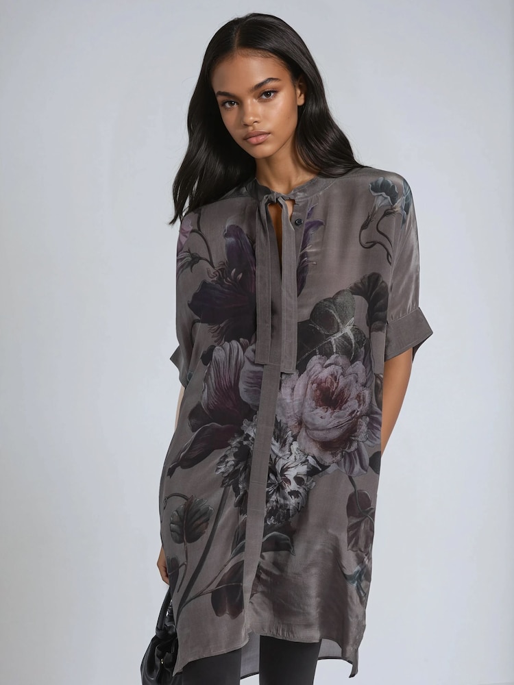 Religion Green Diana Tunic Dress With Neck Tie In Dark Floral Placement Print - Image 1 of 6 Religion Green Diana Tunic Dress With Neck Tie In Dark Floral Placement Print - Image 1 of 6