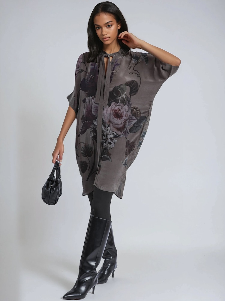 Religion Green Diana Tunic Dress With Neck Tie In Dark Floral Placement Print - Image 2 of 6 Religion Green Diana Tunic Dress With Neck Tie In Dark Floral Placement Print - Image 2 of 6