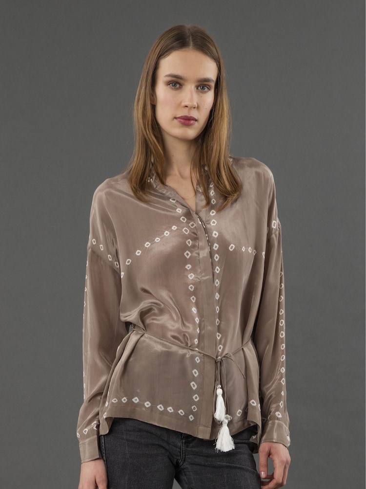 Religion Natural Lola Long Line Shirt With Tie Waist In Beige Tie Dye - Image 1 of 6