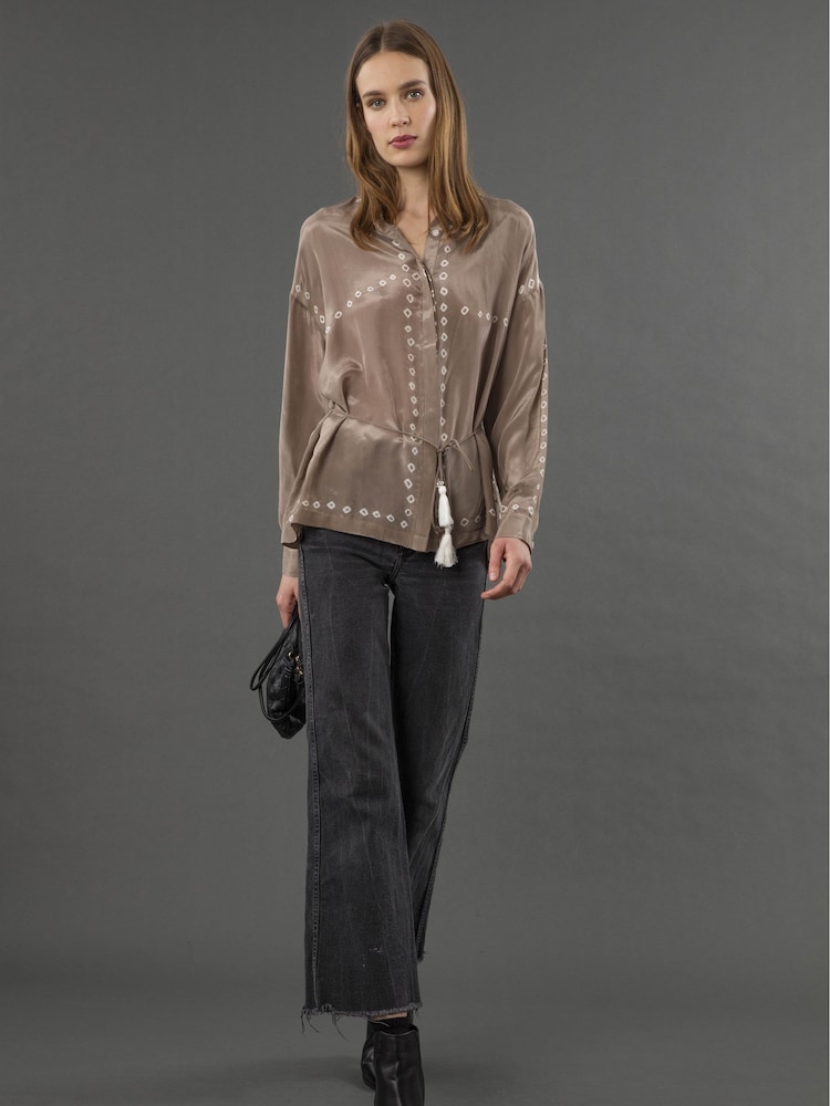 Religion Natural Lola Long Line Shirt With Tie Waist In Beige Tie Dye - Image 2 of 6 Religion Natural Lola Long Line Shirt With Tie Waist In Beige Tie Dye - Image 2 of 6