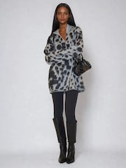 Religion Animal Print Erin Knitted Funnel Neck Jumper Dress In Grey Animal Leopard Print - Image 1 of 6
