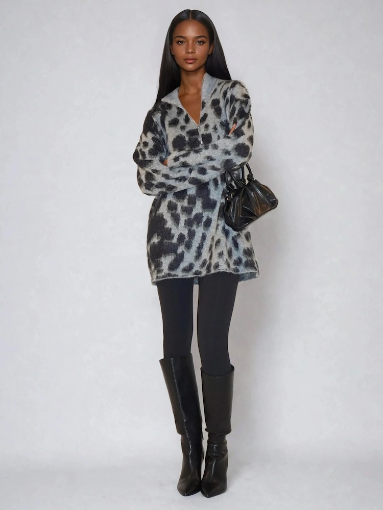 Religion Animal Print Erin Knitted Funnel Neck Jumper Dress In Grey Animal Leopard Print - Image 1 of 6