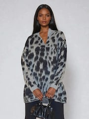 Religion Animal Print Erin Knitted Funnel Neck Jumper Dress In Grey Animal Leopard Print - Image 2 of 6