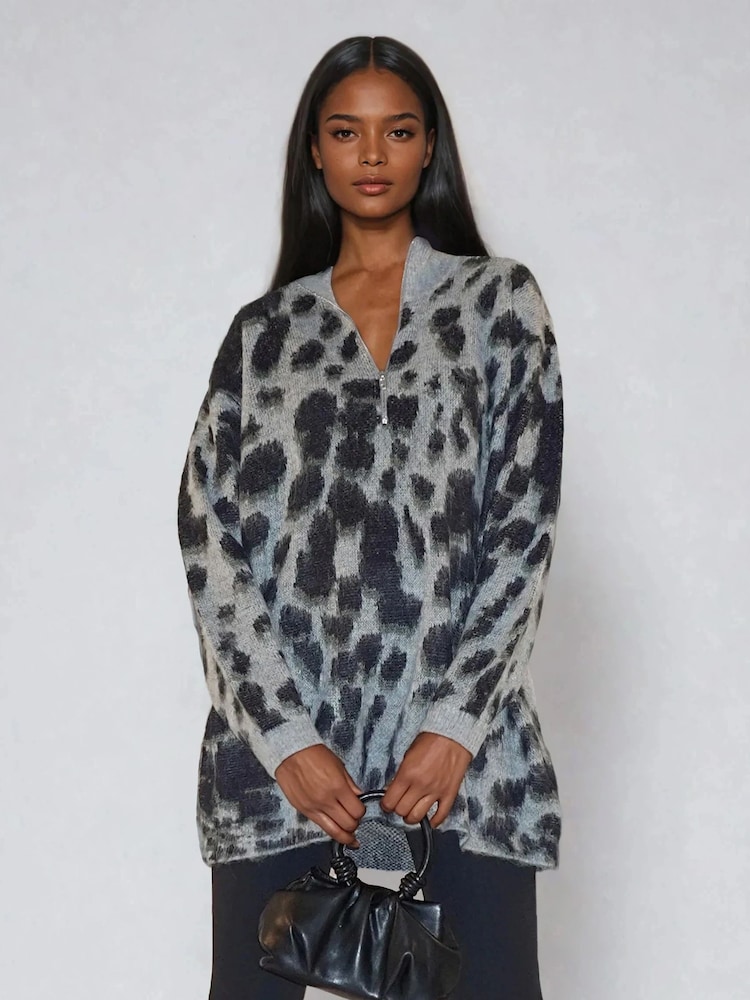 Religion Animal Print Erin Knitted Funnel Neck Jumper Dress In Grey Animal Leopard Print - Image 2 of 6