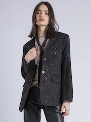 Religion Black Emily Collarless Blazer Jacket With Silver Foil Sparkle With Tie - Image 2 of 6