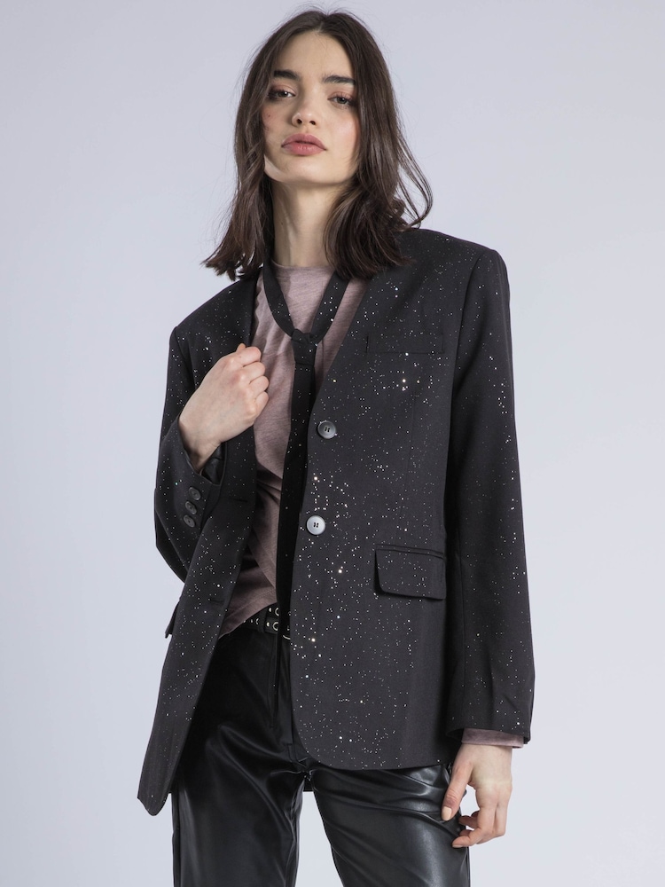 Religion Black Emily Collarless Blazer Jacket With Silver Foil Sparkle With Tie - Image 2 of 6