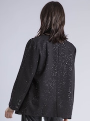 Religion Black Emily Collarless Blazer Jacket With Silver Foil Sparkle With Tie - Image 5 of 6