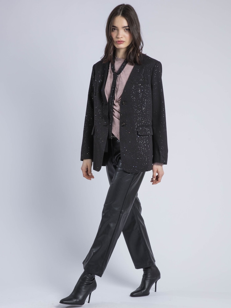 Religion Black Emily Collarless Blazer Jacket With Silver Foil Sparkle With Tie - Image 6 of 6