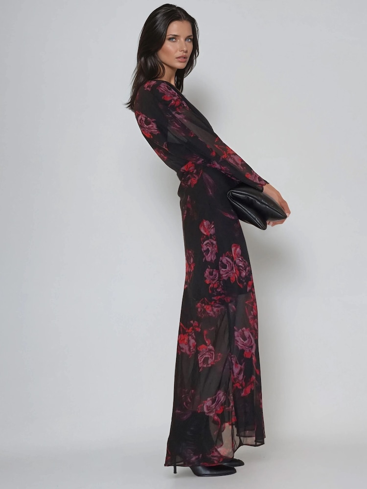 Religion Red Lily Column Bias Cut Maxi Dress In Dark Floral Fade Print - Image 2 of 6