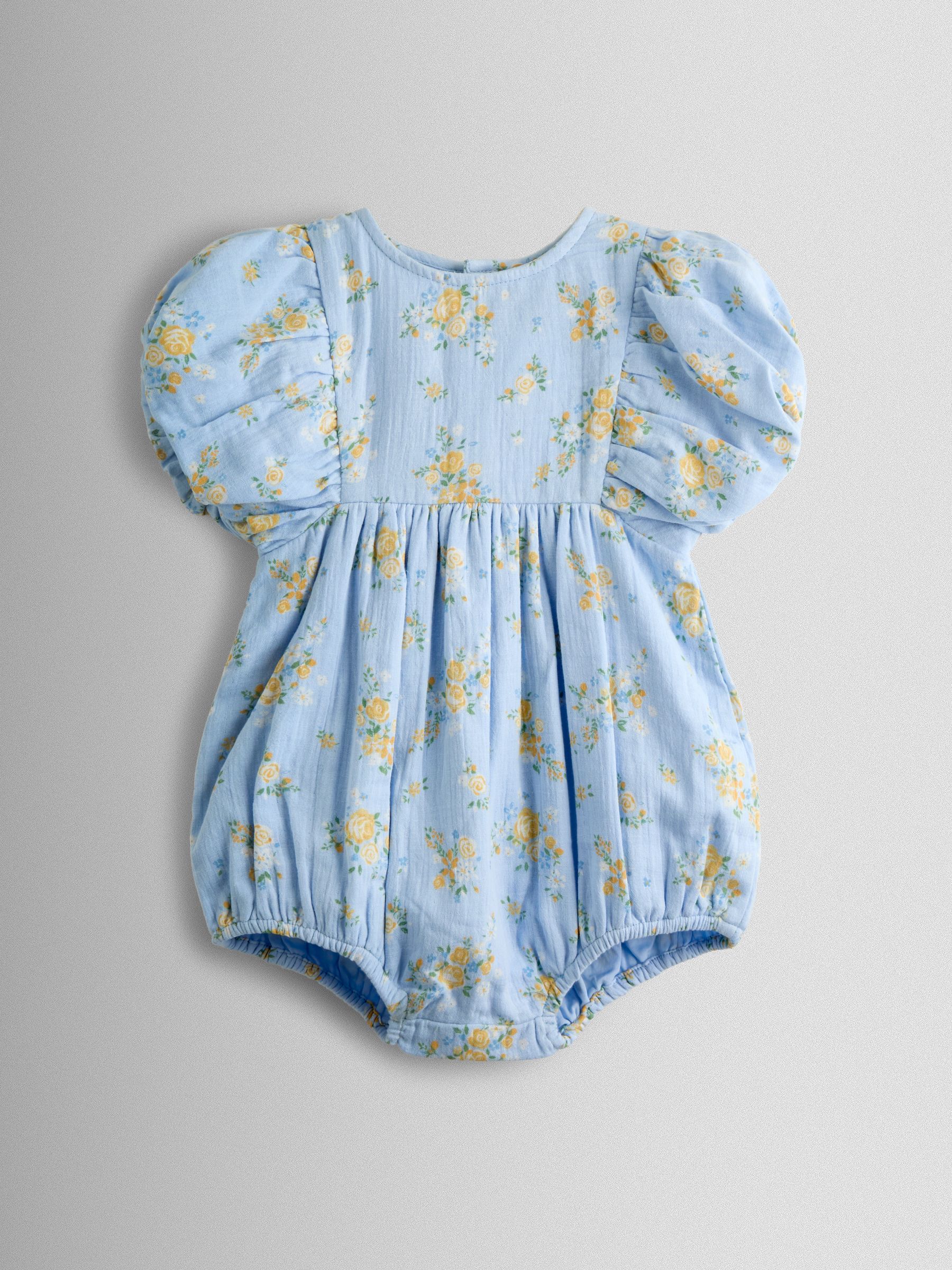 Jojo Maman Bébé Blue Floral Puff Sleeve Floral Cheesecloth Romper