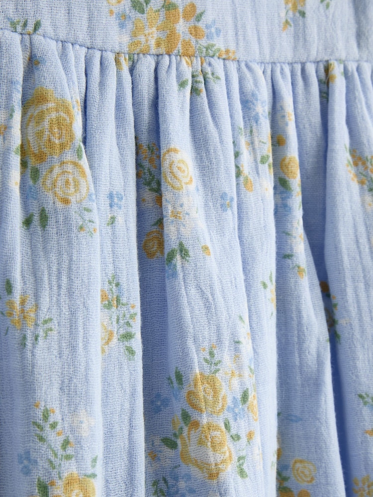 JoJo Maman Bébé Blue Floral Puff Sleeve Floral Cheesecloth Romper - Image 4 of 4