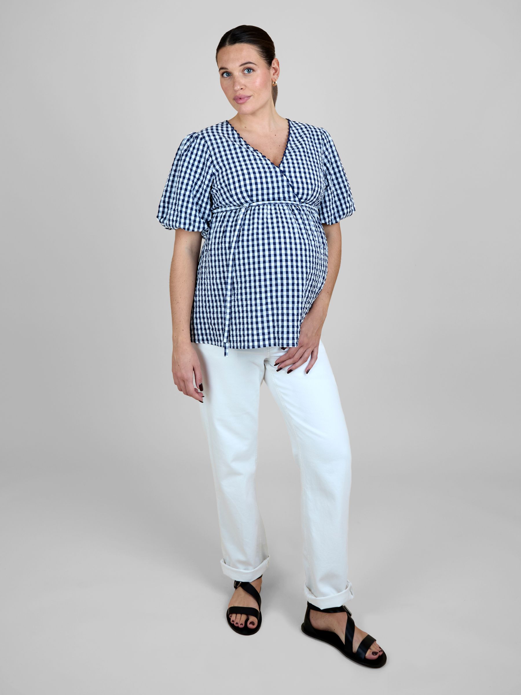 Buy JoJo Maman Bébé Navy Blue Gingham Puff Sleeve Wrap Maternity