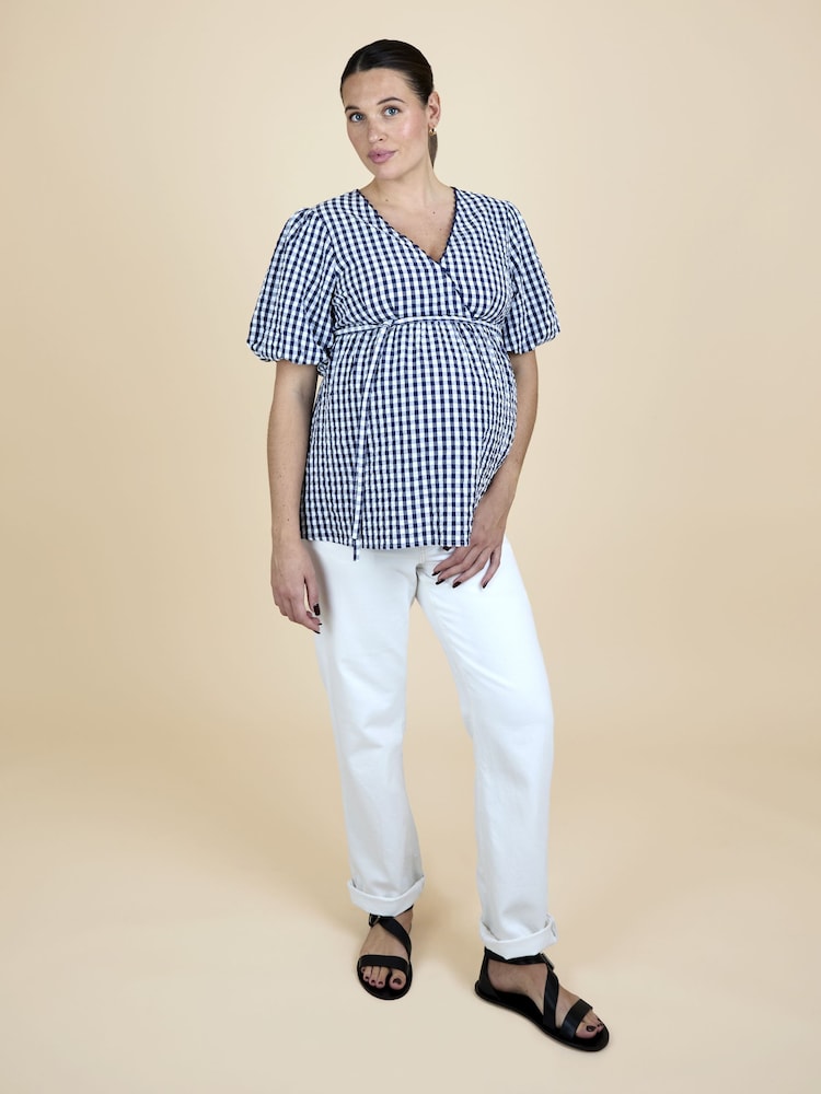 JoJo Maman Bébé Navy Blue Gingham Puff Sleeve Wrap Maternity Top - Image 2 of 5 JoJo Maman Bébé Navy Blue Gingham Puff Sleeve Wrap Maternity Top - Image 2 of 5