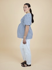 JoJo Maman Bébé Navy Blue Gingham Puff Sleeve Wrap Maternity Top - Image 3 of 5