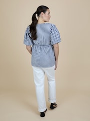 JoJo Maman Bébé Navy Blue Gingham Puff Sleeve Wrap Maternity Top - Image 4 of 5