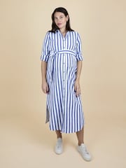 JoJo Maman Bébé Bright Blue Stripe Long Sleeve Maternity Shirt Midi Dress - Image 2 of 6