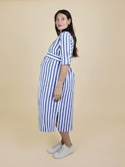 JoJo Maman Bébé Bright Blue Stripe Long Sleeve Maternity Shirt Midi Dress - Image 3 of 6