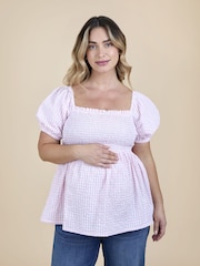 JoJo Maman Bébé Bright Pink Gingham Puff Sleeve Wrap Maternity Top - Image 1 of 4