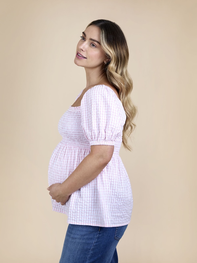 JoJo Maman Bébé Bright Pink Gingham Puff Sleeve Wrap Maternity Top - Image 2 of 4 JoJo Maman Bébé Bright Pink Gingham Puff Sleeve Wrap Maternity Top - Image 2 of 4