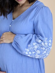 JoJo Maman Bébé Embroidered Sleeve Textured Button Front Mini Dress - Imaginea 6 din 6