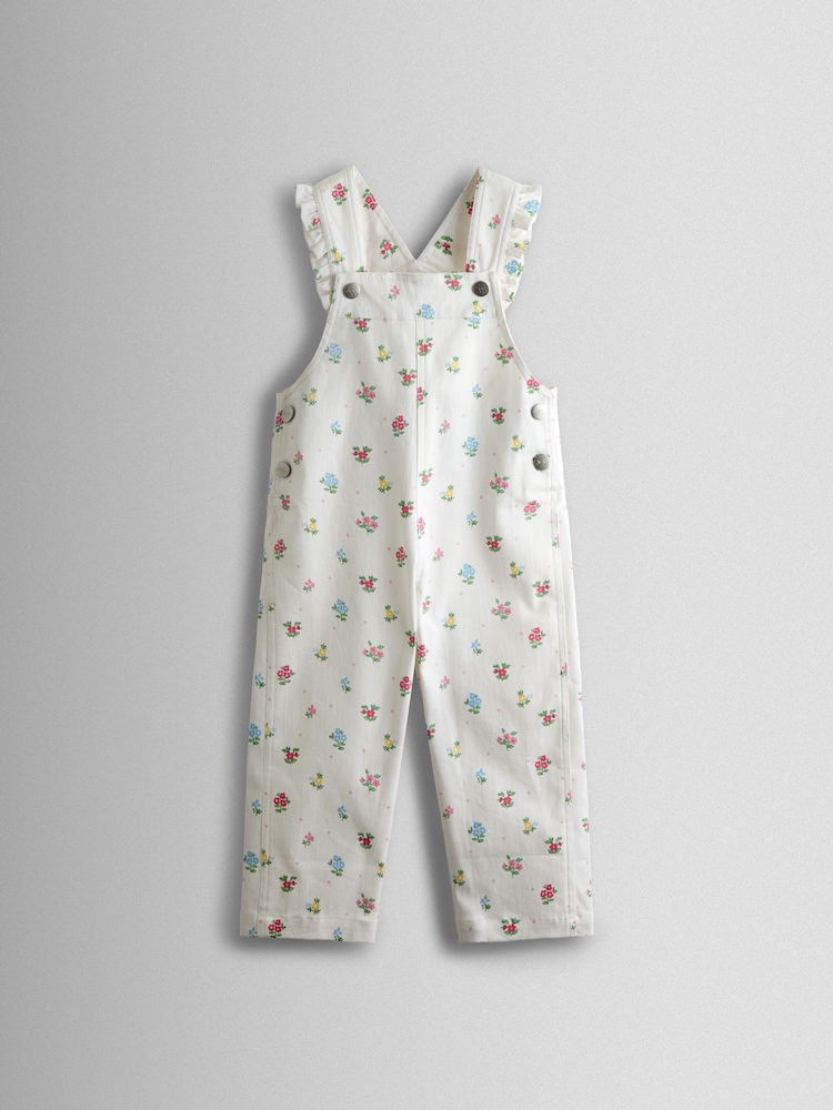 JoJo Maman Bébé Cream Floral Printed Twill Dungarees - Image 1 of 3