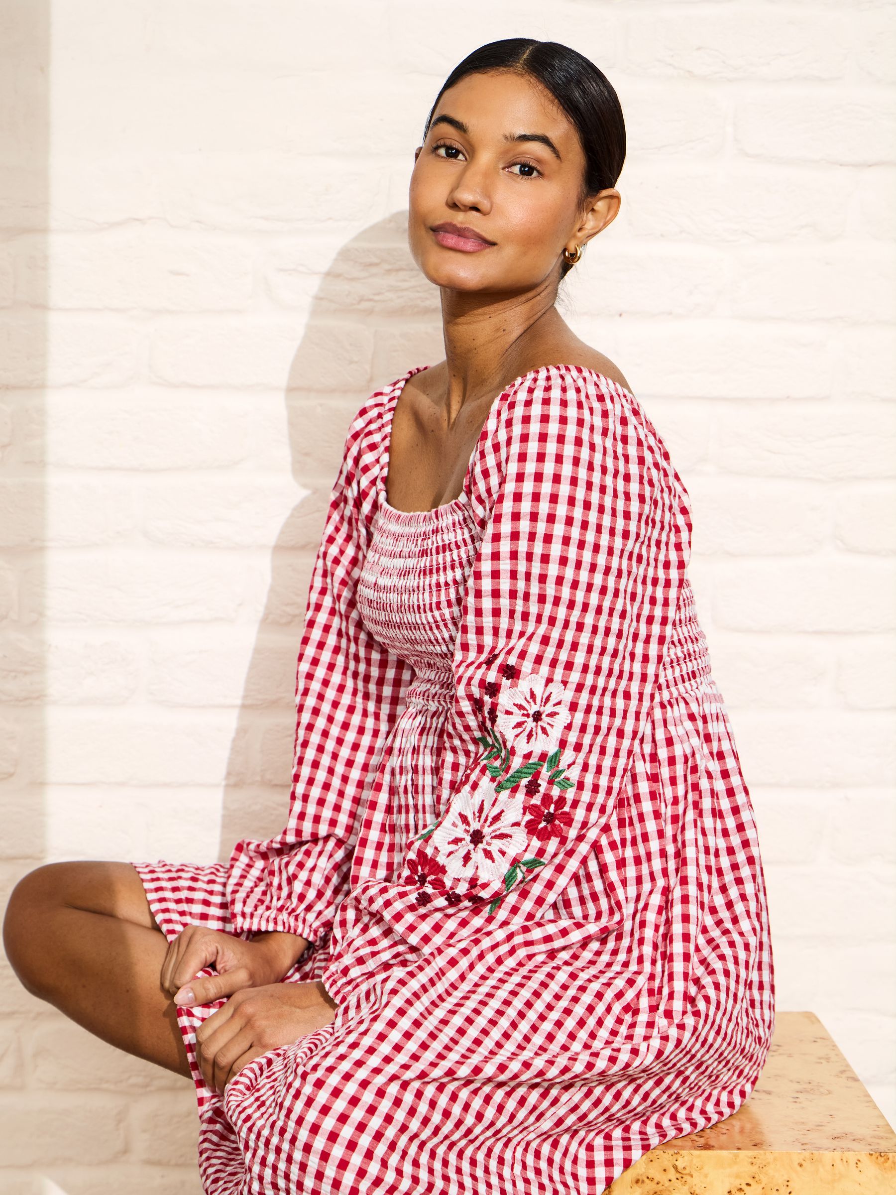 Buy JoJo Maman Bébé Bright Red Embroidered Puff Sleeve Shirred