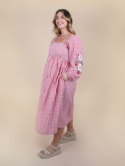 JoJo Maman Bébé Embroidered Puff Sleeve Shirred Gingham Maternity Midi Dress - Bilde 1 av 5