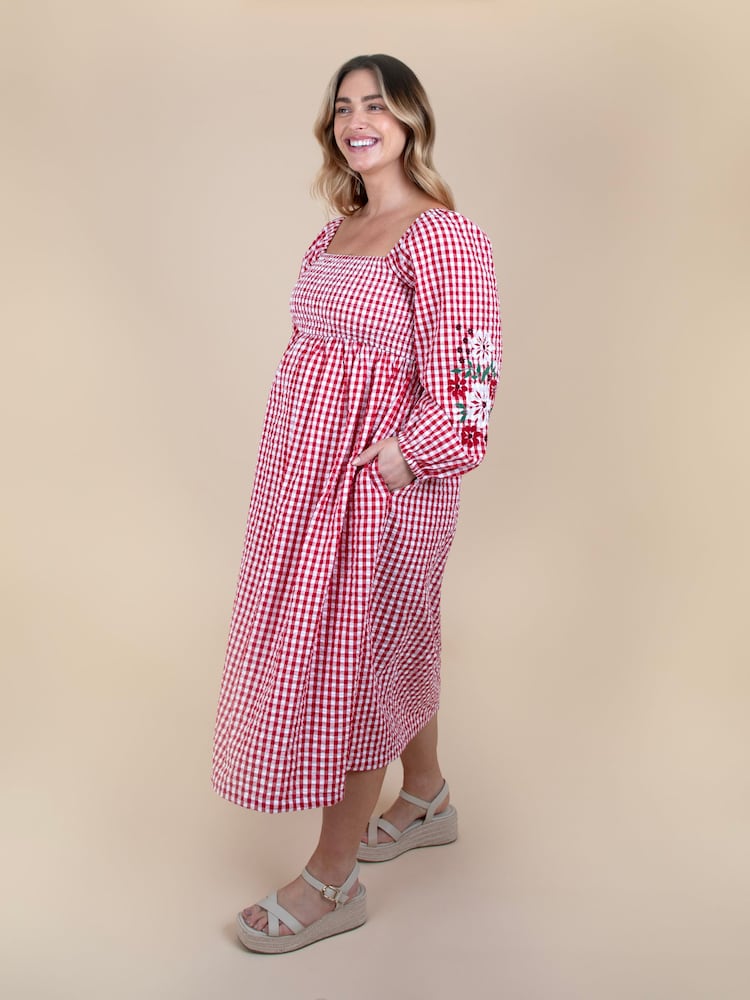 JoJo Maman Bébé Embroidered Puff Sleeve Shirred Gingham Maternity Midi Dress - Bilde 1 av 5