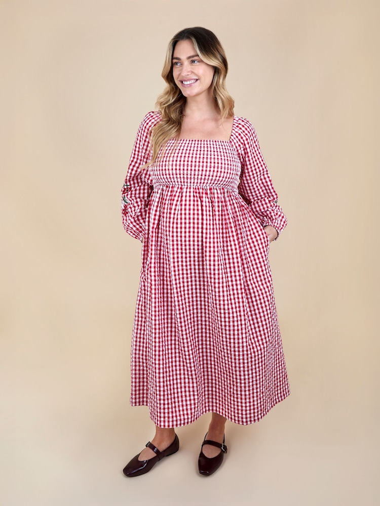 JoJo Maman Bébé Embroidered Puff Sleeve Shirred Gingham Maternity Midi Dress - Bilde 2 av 5