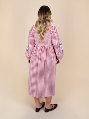 JoJo Maman Bébé Embroidered Puff Sleeve Shirred Gingham Maternity Midi Dress - Bilde 3 av 5