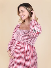 JoJo Maman Bébé Embroidered Puff Sleeve Shirred Gingham Maternity Midi Dress - Bilde 4 av 5