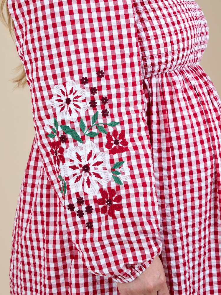 JoJo Maman Bébé Embroidered Puff Sleeve Shirred Gingham Maternity Midi Dress - Bilde 5 av 5