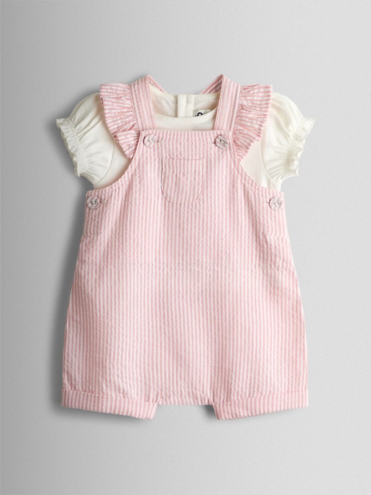 JoJo Maman Bébé Pink Seersucker Stripe Dungarees & T-Shirt Set - Image 1 of 6