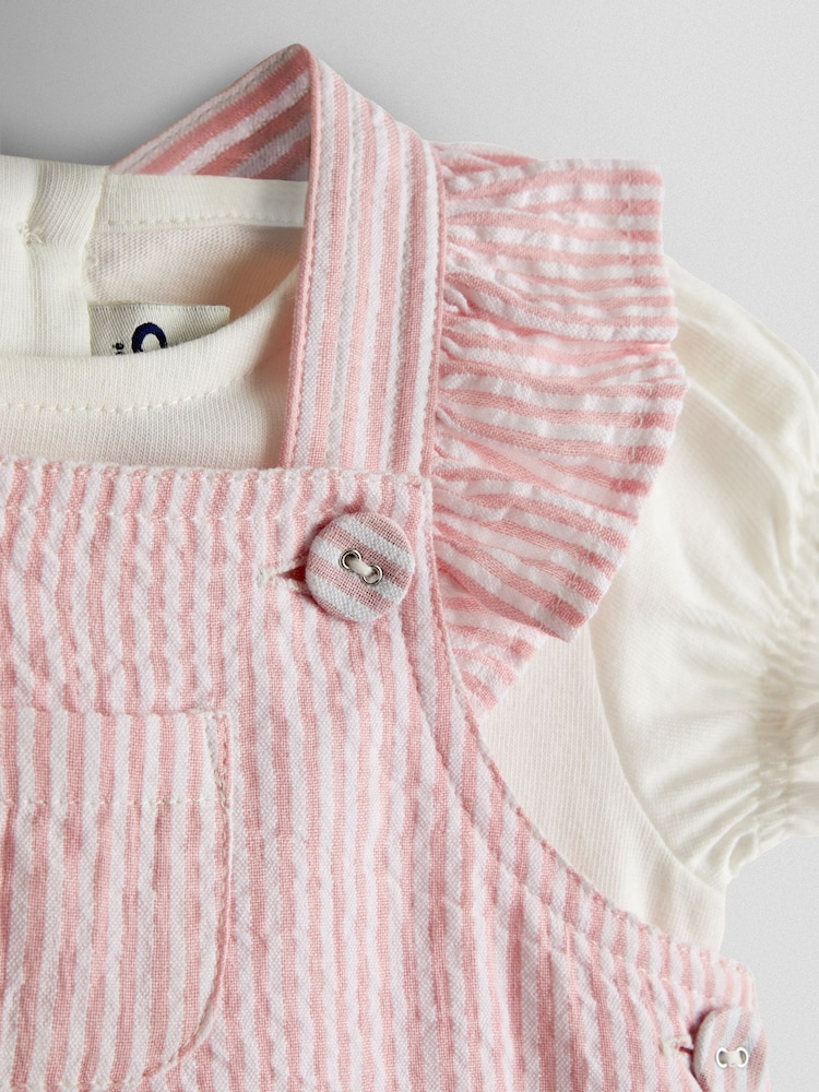 JoJo Maman Bébé Pink Seersucker Stripe Dungarees & T-Shirt Set - Image 6 of 6