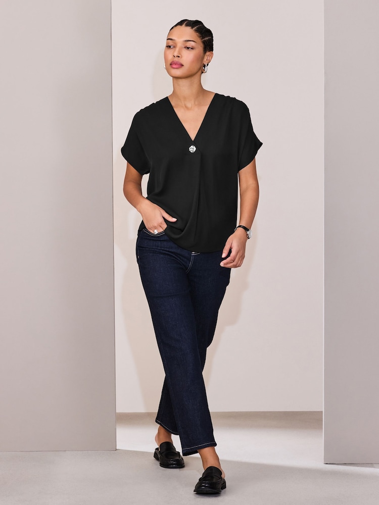 Μαύρο - Κοντομάνικο Λαιμόκοψη V Μπλούζα - Εικόνα 2 του 8