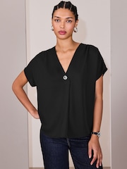 Μαύρο - Κοντομάνικο Λαιμόκοψη V Μπλούζα - Εικόνα 3 του 8