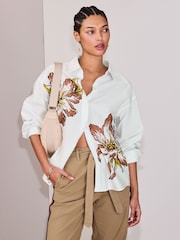 Painted Floral Pinstripe Oversized Boyfriend Shirt - Image 1 of 7