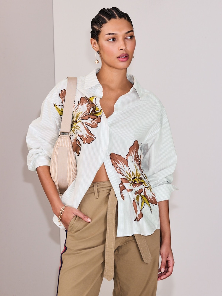 Painted Floral Pinstripe Oversized Boyfriend Shirt - Image 1 of 7 Painted Floral Pinstripe Oversized Boyfriend Shirt - Image 1 of 7