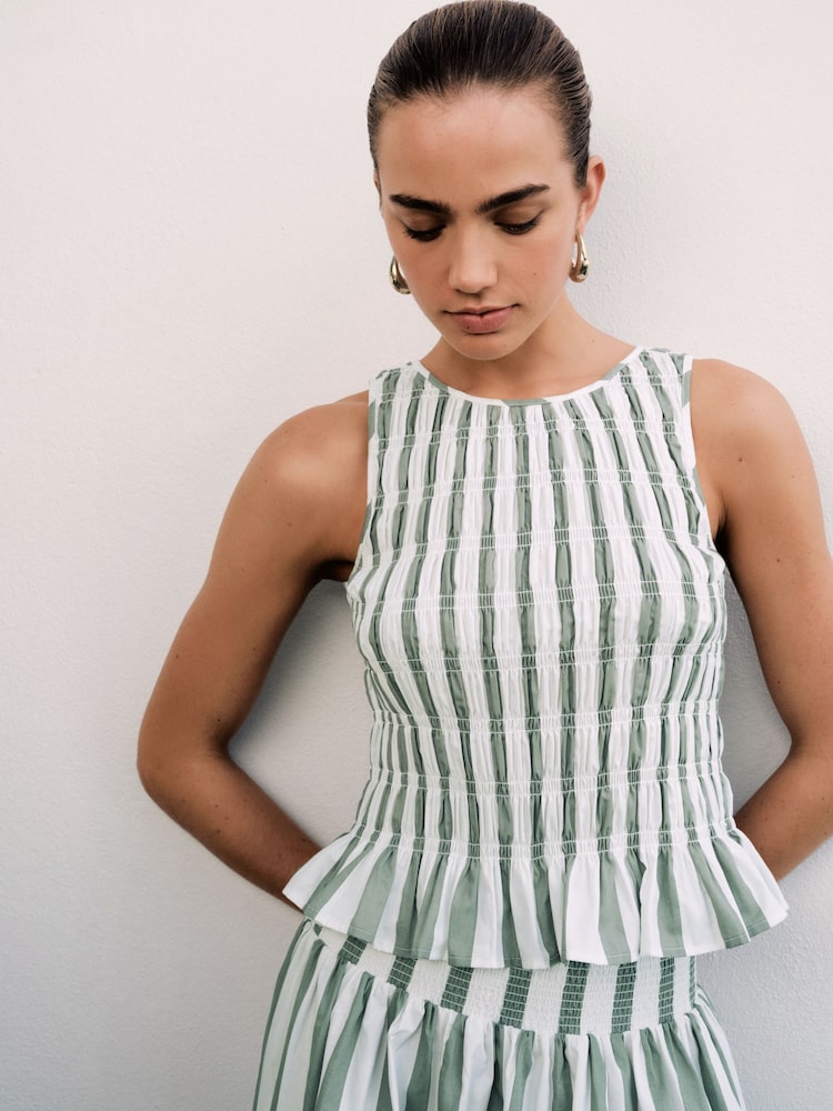 Sage Green Stripe Shirred Top - Image 1 of 8