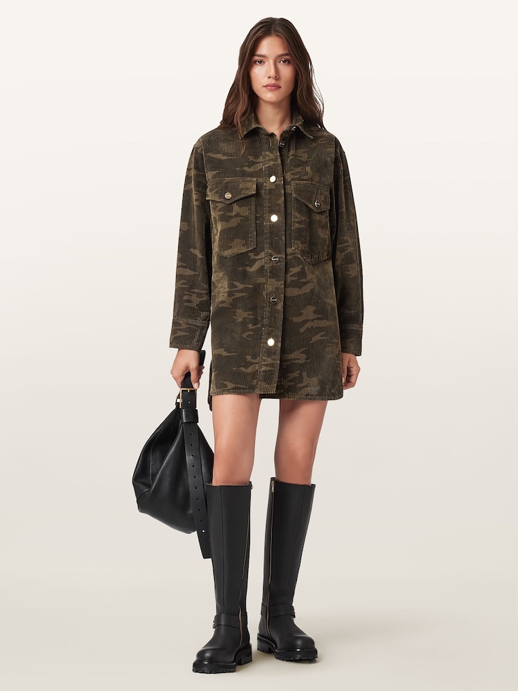 AllSaints Green Faye Flocked Dress - Image 1 of 7
